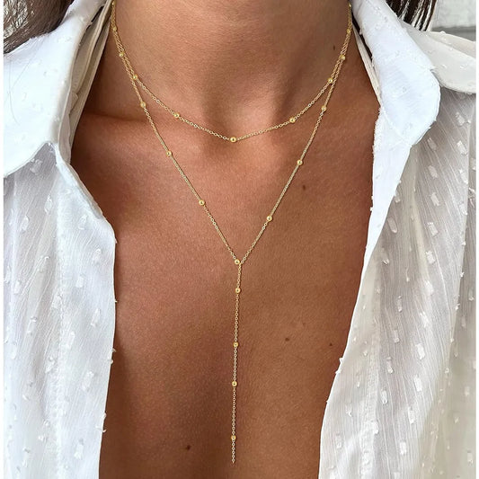 Stainless Steel Lariat Necklace Gold Plated, Dainty Long Necklace Laryered Necklaces for Women Girls, Y Shape Drop Pendant