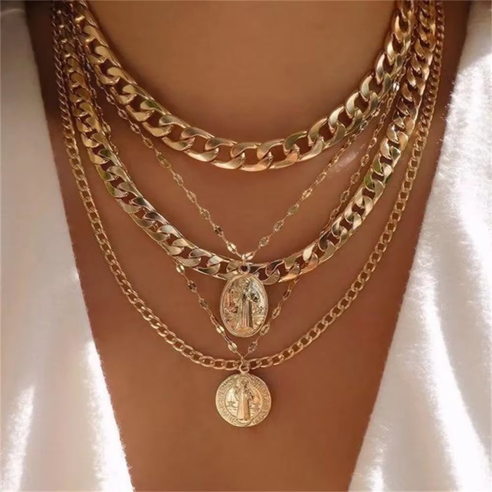 Vintage Punk Gold-Plate Thick Chain Head Portrait Coin Pendant Necklace for Women Fashion Multilevel Geometric Hip Hop Jewelry