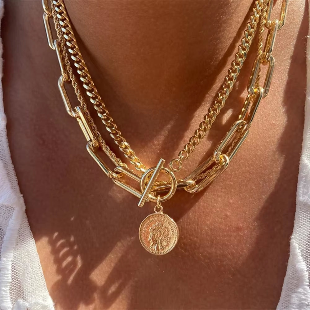 Vintage Punk Gold-Plate Thick Chain Head Portrait Coin Pendant Necklace for Women Fashion Multilevel Geometric Hip Hop Jewelry