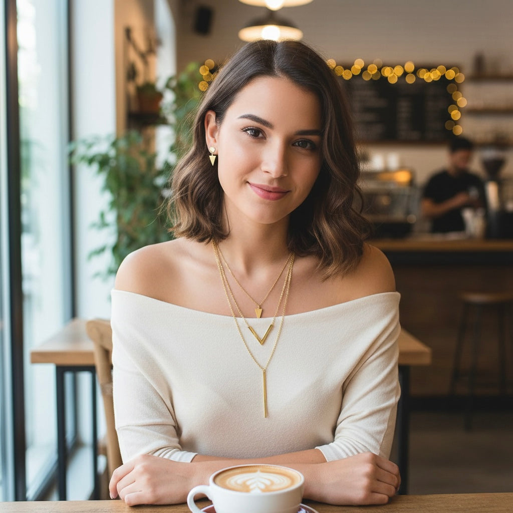 V-Shaped Geometric Charm Set – Layered Necklace & Earrings Gift for Women