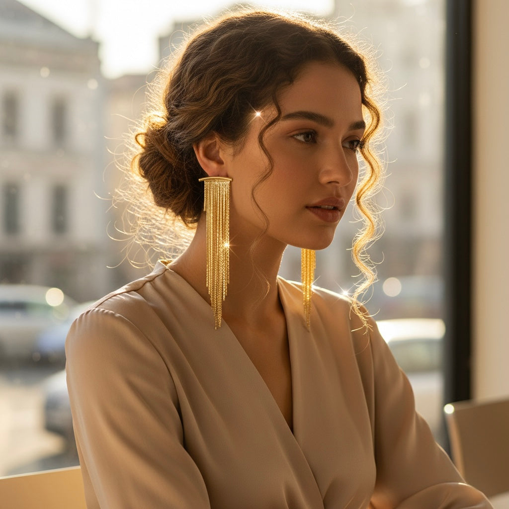 Golden Tassel Stud Earrings for Women – Shiny Elegant Party & Daily Jewelry