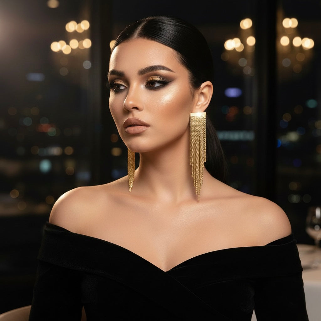 Golden Tassel Stud Earrings for Women – Shiny Elegant Party & Daily Jewelry