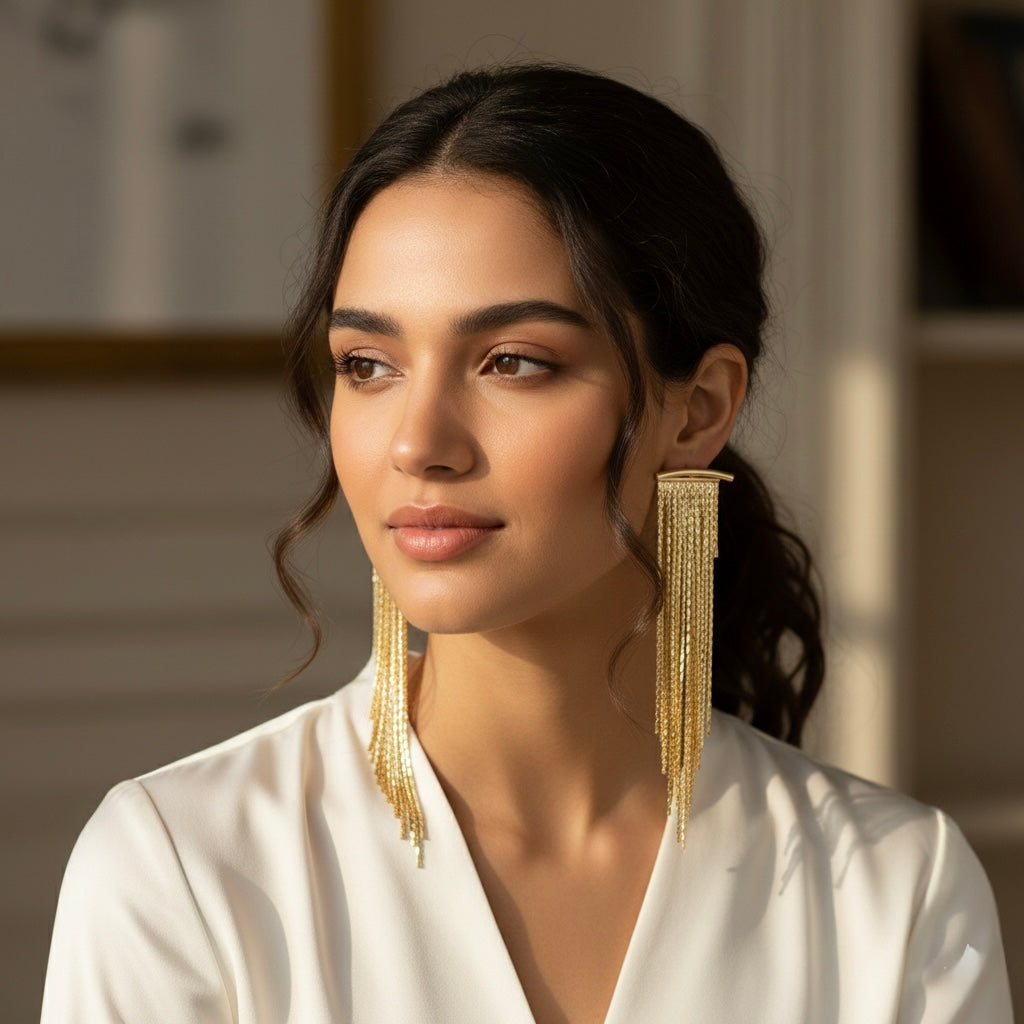 Golden Tassel Stud Earrings for Women – Shiny Elegant Party & Daily Jewelry