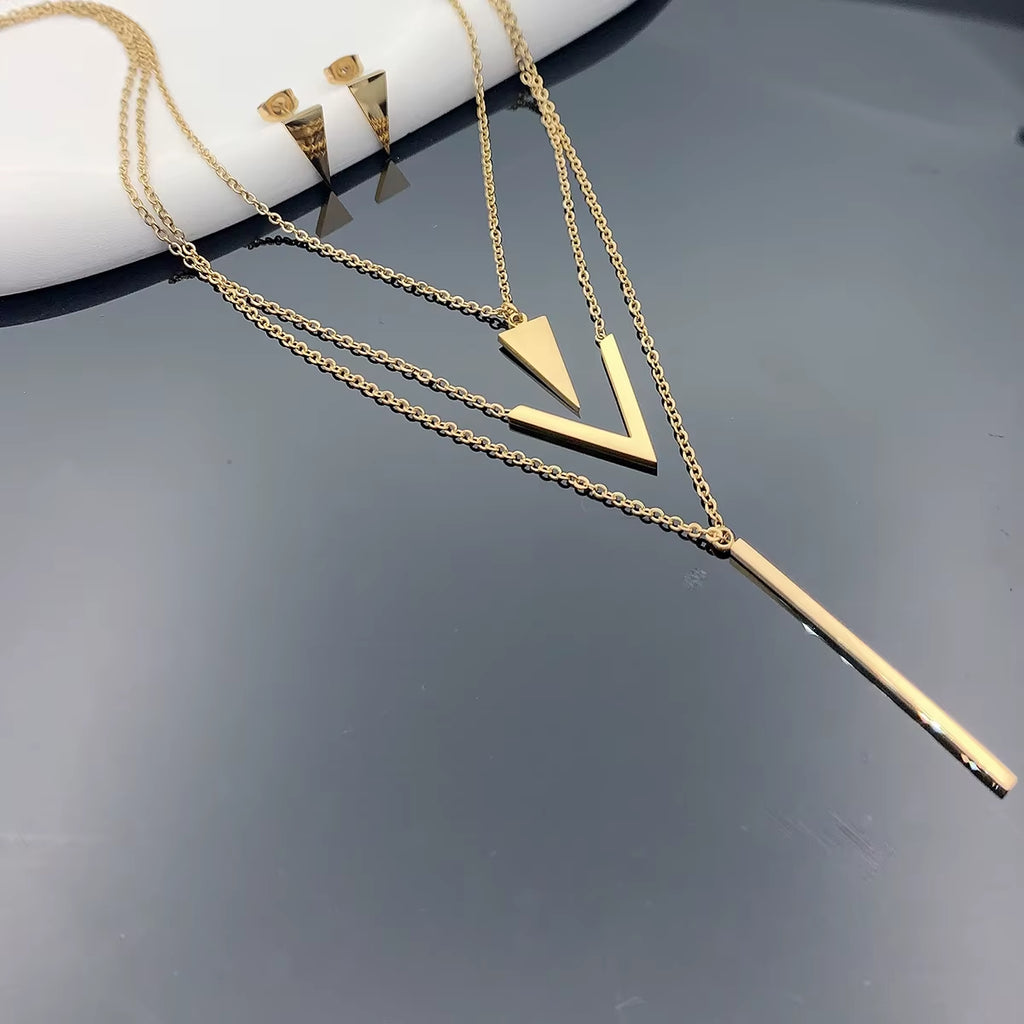 3 Piece Set New Women'S Stainless Steel V-Shaped Geometric Pendant Multi-Layer Necklace Earrings Birthday Christmas Gift