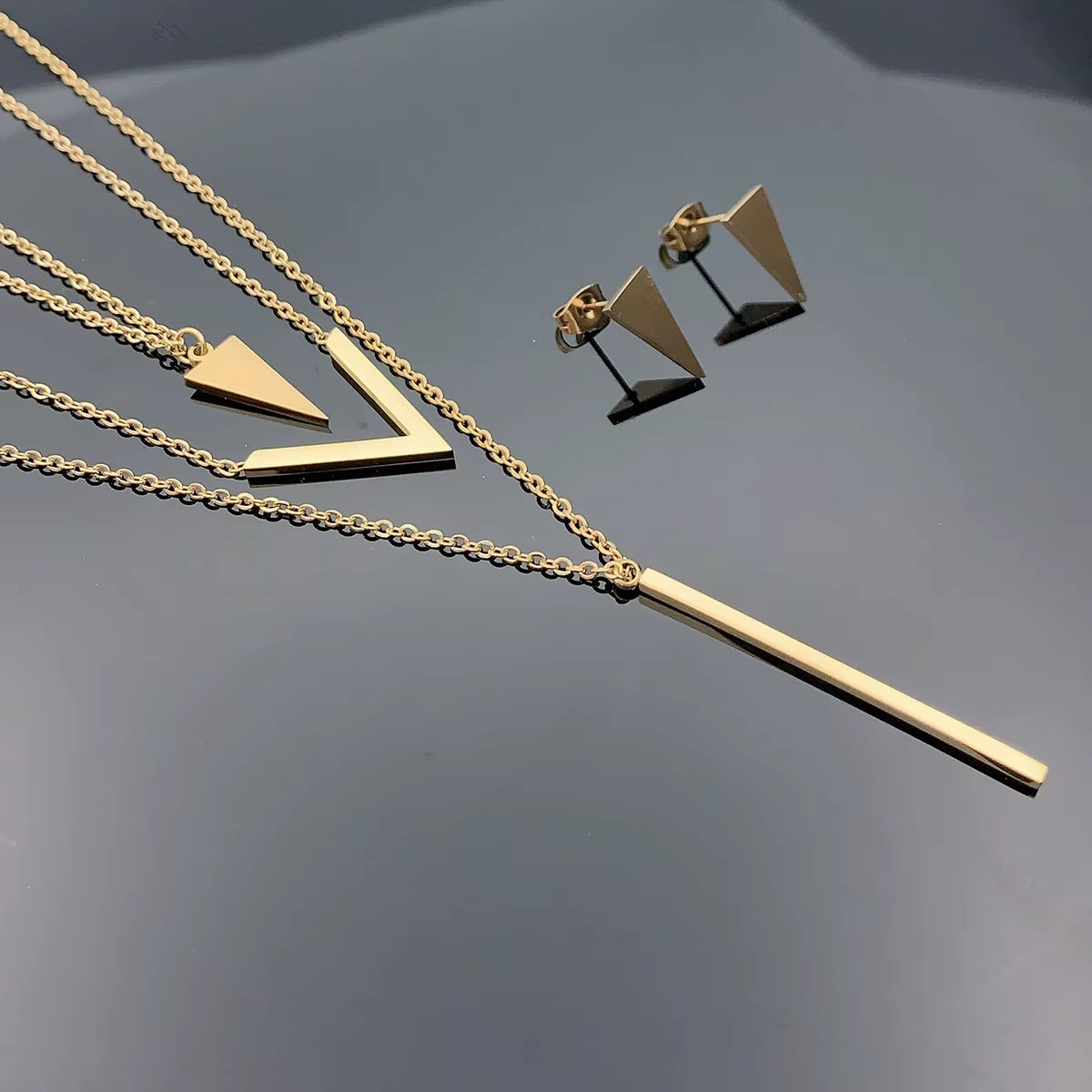 3 Piece Set New Women'S Stainless Steel V-Shaped Geometric Pendant Multi-Layer Necklace Earrings Birthday Christmas Gift