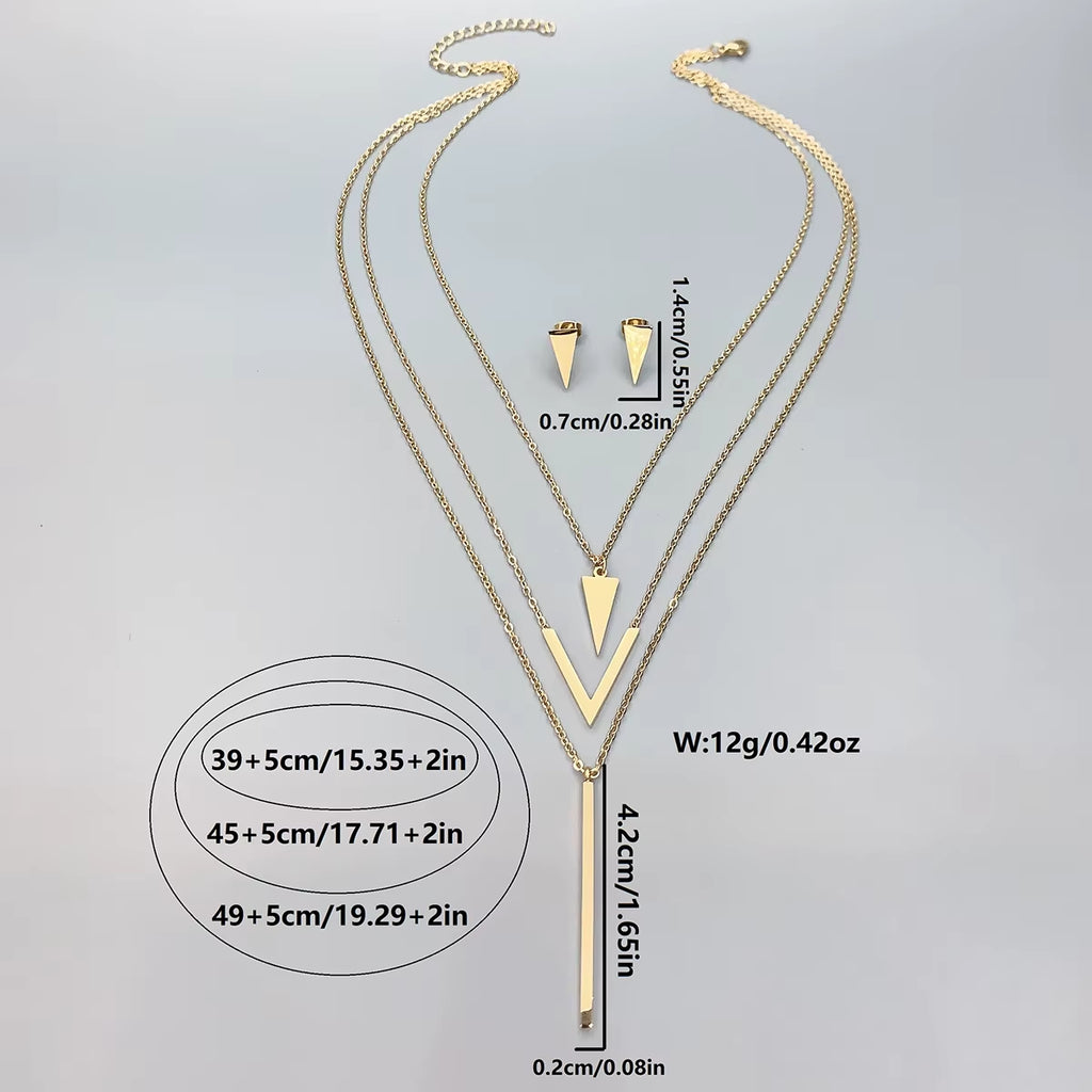 3 Piece Set New Women'S Stainless Steel V-Shaped Geometric Pendant Multi-Layer Necklace Earrings Birthday Christmas Gift