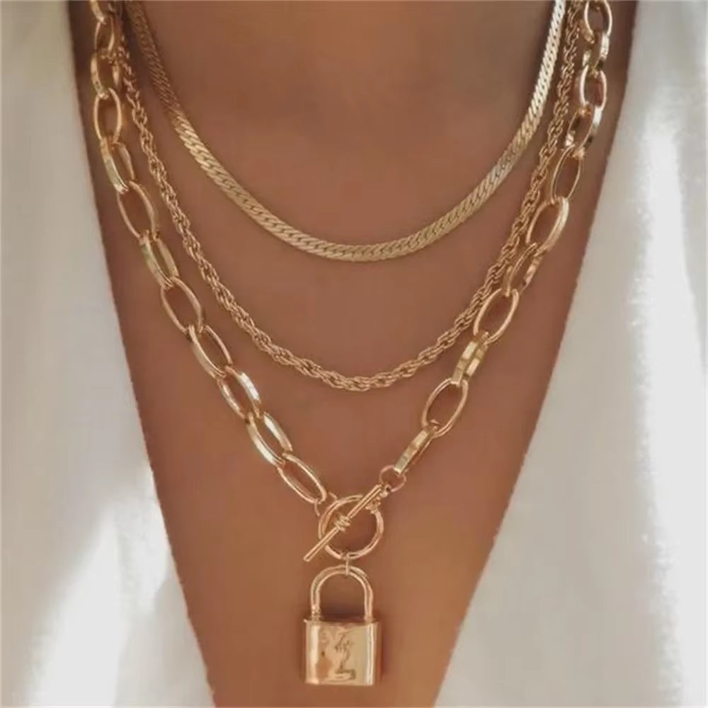 Vintage Punk Gold-Plate Thick Chain Head Portrait Coin Pendant Necklace for Women Fashion Multilevel Geometric Hip Hop Jewelry