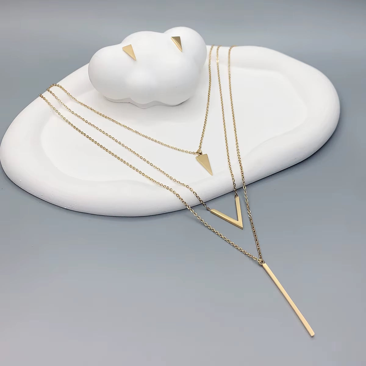 3 Piece Set New Women'S Stainless Steel V-Shaped Geometric Pendant Multi-Layer Necklace Earrings Birthday Christmas Gift