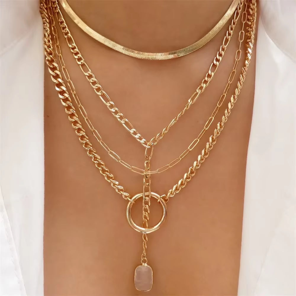 Vintage Punk Gold-Plate Thick Chain Head Portrait Coin Pendant Necklace for Women Fashion Multilevel Geometric Hip Hop Jewelry