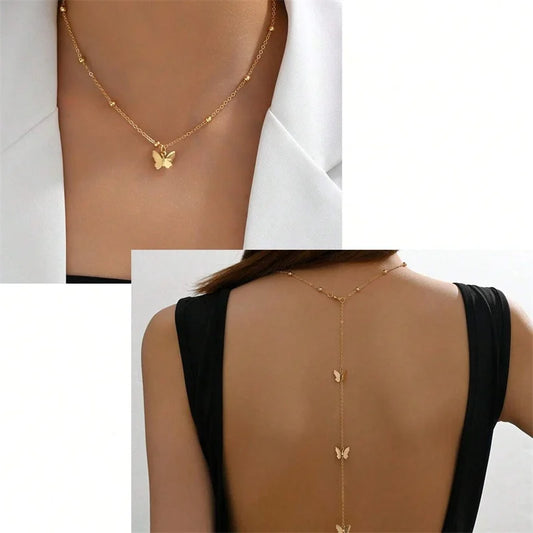 New Butterfly Back Drop Chain Necklace for Women Elegant Long Backless Tassel Necklace Wedding Beach Party Vacation Jewelry