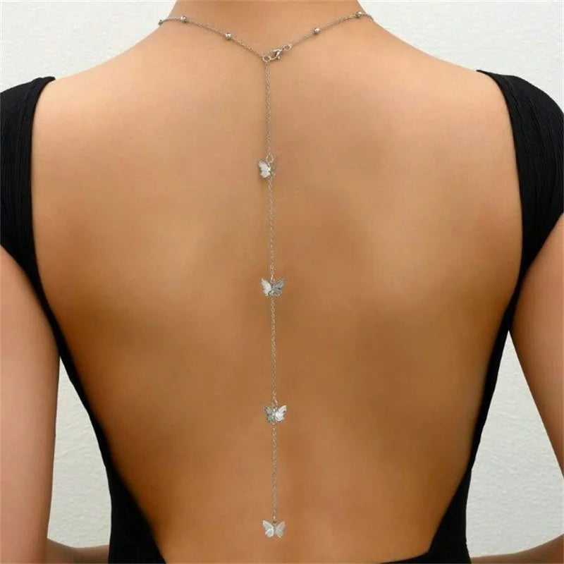 New Butterfly Back Drop Chain Necklace for Women Elegant Long Backless Tassel Necklace Wedding Beach Party Vacation Jewelry