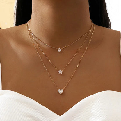 Multi-Layer Five-Pointed Star Heart Shape Water Drop Pendant Chain Necklace Alloy Material Glass Collarbone Chain Sexy Women'S