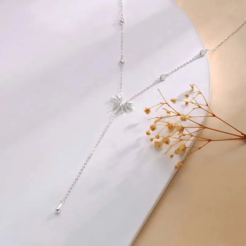 Stainless Steel Y-Shaped Pendant Necklace for Women Girls Elegant Fashion Cubic Zirconia Long Tassel Dangle Choker Jewelry Gifts