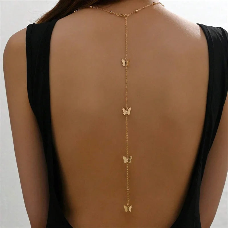 New Butterfly Back Drop Chain Necklace for Women Elegant Long Backless Tassel Necklace Wedding Beach Party Vacation Jewelry
