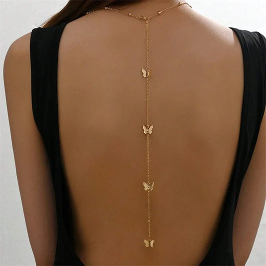 New Butterfly Back Drop Chain Necklace for Women Elegant Long Backless Tassel Necklace Wedding Beach Party Vacation Jewelry