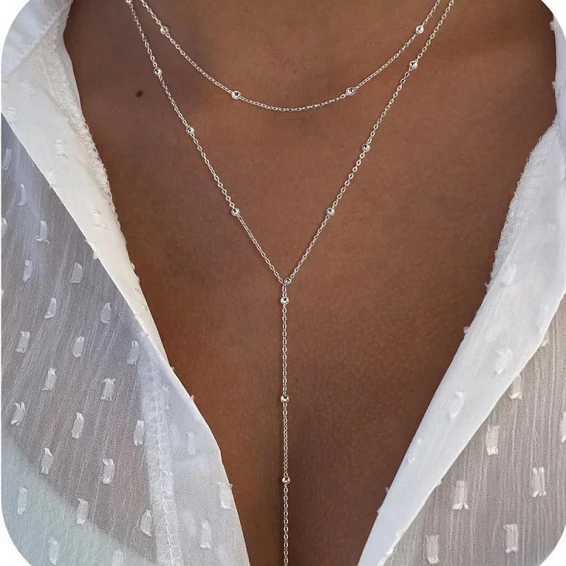 Stainless Steel Y-Shaped Pendant Necklace for Women Girls Elegant Fashion Cubic Zirconia Long Tassel Dangle Choker Jewelry Gifts