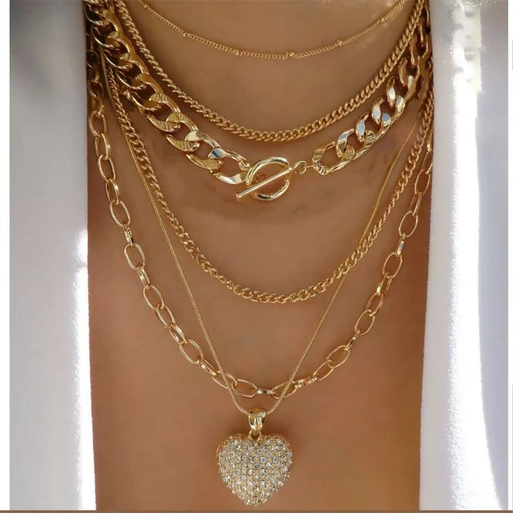 Vintage Punk Gold-Plate Thick Chain Head Portrait Coin Pendant Necklace for Women Fashion Multilevel Geometric Hip Hop Jewelry
